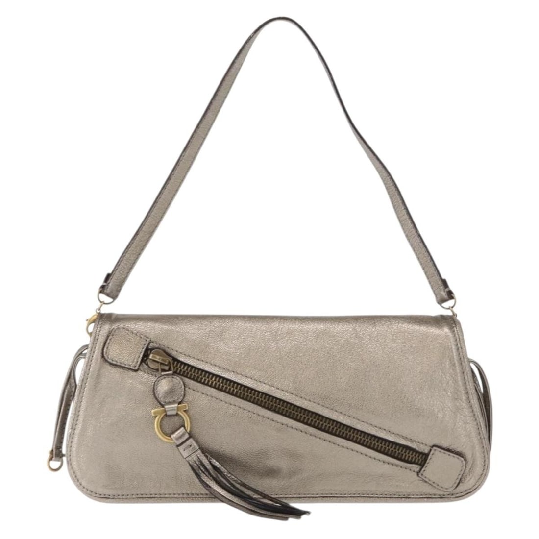 Silver Leather Shoulder Bag by Salvatore Ferragamo Gancini: Silver Leather Shoulder Bag by Salvatore Ferragamo Gancini This Salvatore Ferragamo Gancini shoulder bag for women features a silver leather exterior with subtle signs of wear, including slight rubbin