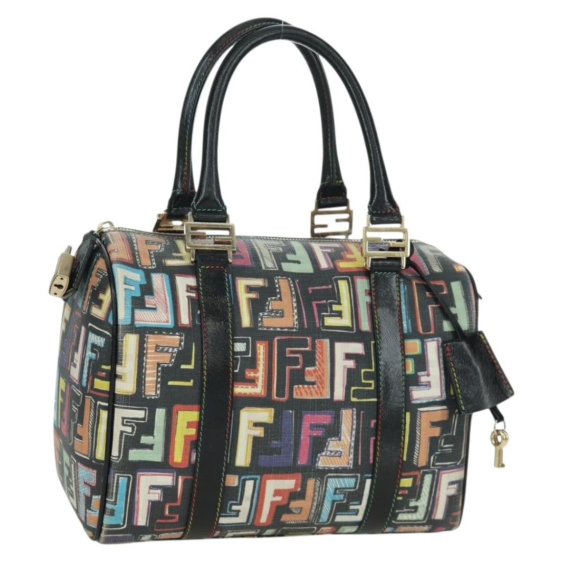 Fendi Zucca Canvas Black Gold Handbag with Dust Bag and Padlock: Fendi Zucca Canvas Black Gold Handbag with Dust Bag and Padlock This FENDI Zucca Canvas handbag features a classic black and gold color combination and is crafted from the brand's signature Zucca canv