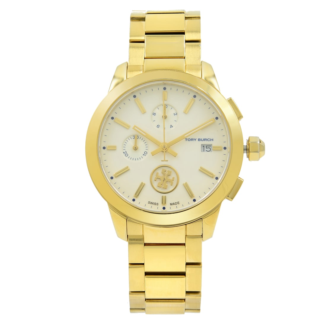 Tory Burch Collins TB1250 Gold Tone Stainless Steel Ladies Watch: Tory Burch Collins TB1250 Gold Tone Stainless Steel Ladies Watch The Tory Burch Collins Chrono Gold Tone Steel Cream Dial Ladies Quartz Watch TB1250 is a stunning timepiece that combines elegance and 