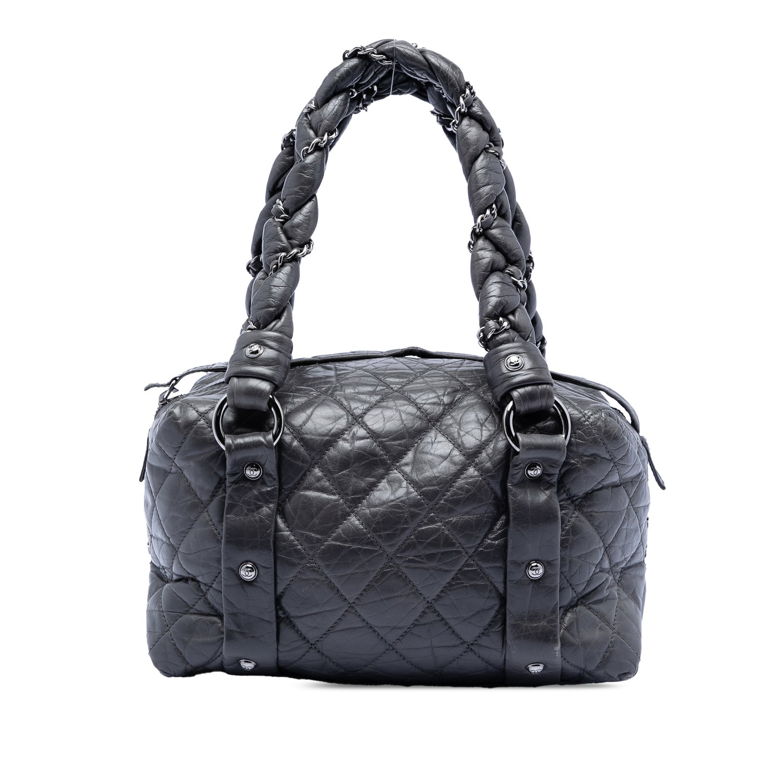 Black Distressed Lambskin Lady Braid Tote Bag by Chanel: Black Distressed Lambskin Lady Braid Tote Bag by Chanel This Chanel Small Distressed Lambskin Lady Braid Tote features a black distressed lambskin leather body, leather-woven silver-tone chain straps,