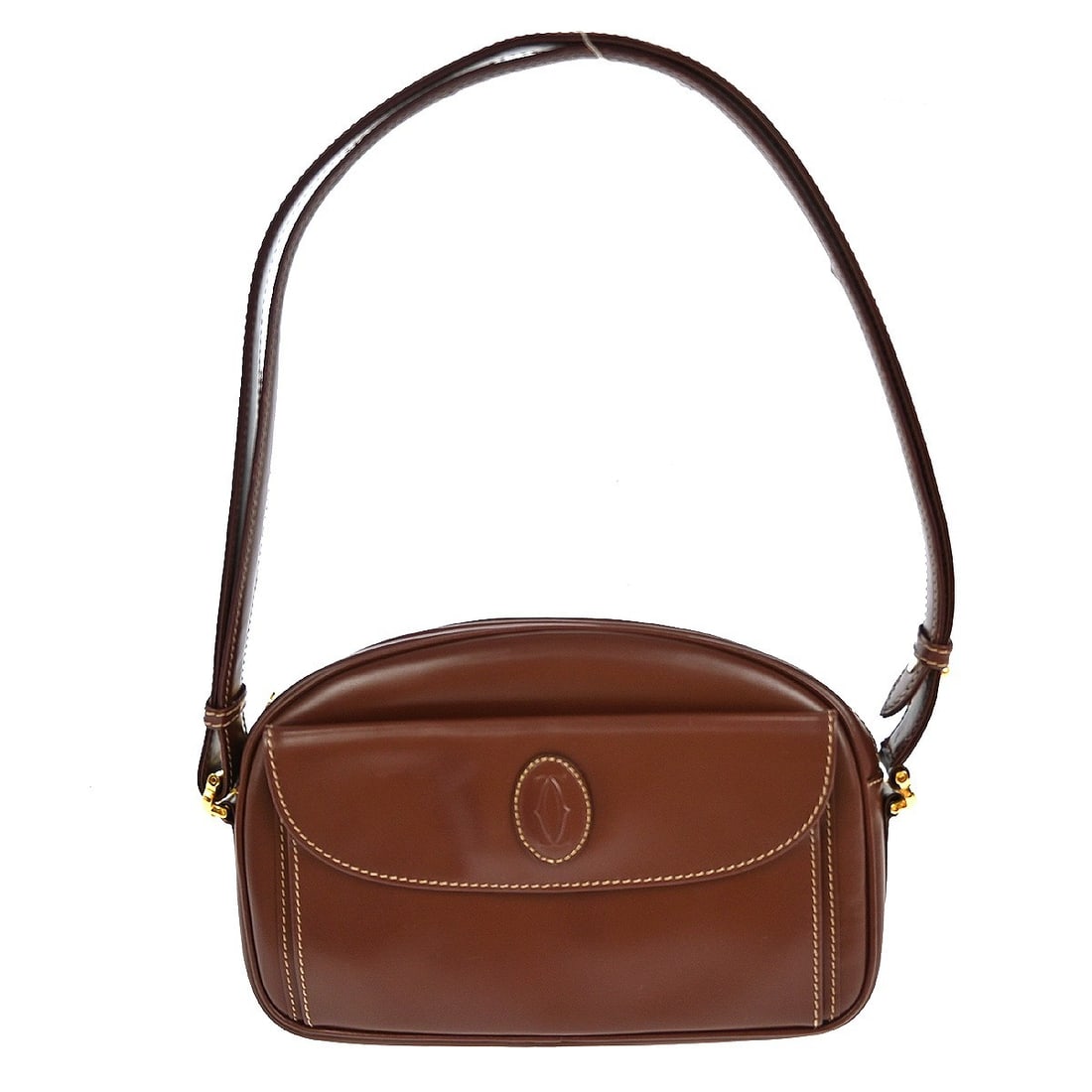 Cartier Bordeaux Leather Top Handle Bag with Pockets: Cartier Bordeaux Leather Top Handle Bag with Pockets This vintage Cartier top handle bag features a Bordeaux leather exterior and a medium-sized silhouette. It is designed with practical pockets and a