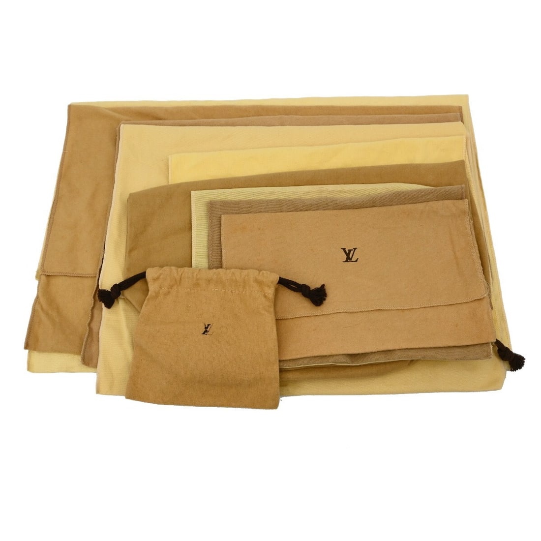 Louis Vuitton 10 Piece Dust Bag Set Brown 100% Cotton Authentic: Louis Vuitton 10 Piece Dust Bag Set Brown 100% Cotton Authentic This set of Louis Vuitton dust bags consists of 10 pieces, crafted from 100% cotton in a classic brown color. These dust bags are design