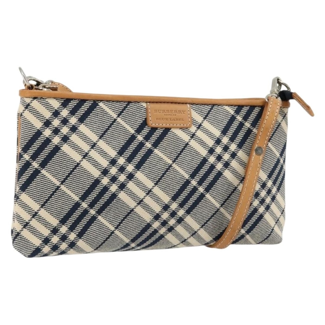 Burberry Blue Label navy silver canvas shoulder bag: Burberry Blue Label navy silver canvas shoulder bag This BURBERRY Nova Check Blue Label shoulder bag features a classic navy and silver canvas exterior. Designed for women, it offers a compact and sty