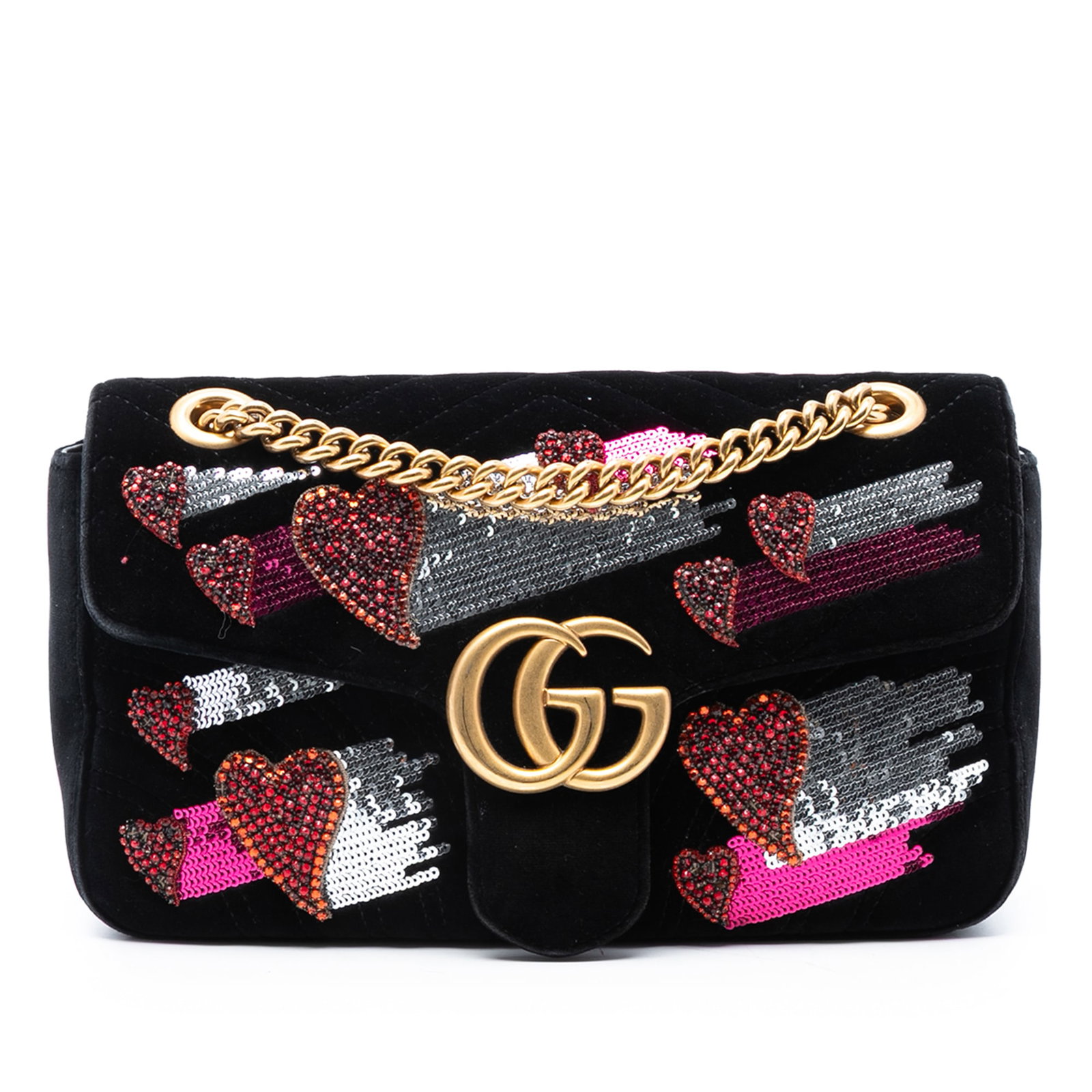 Gucci GG Marmont Velvet Shoulder Bag with Sequin Details: Gucci GG Marmont Velvet Shoulder Bag with Sequin Details This shoulder bag features a quilted velvet exterior with sequin embellishments, a chain link strap with a leather guard, a front flap with a m