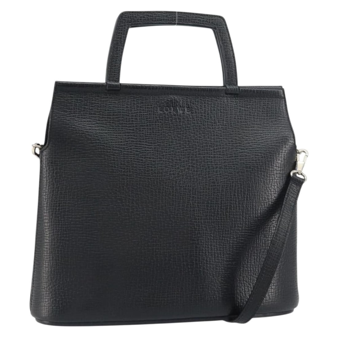 Black Leather Vintage Handbag by Loewe 29cm by 25cm by 9cm: Black Leather Vintage Handbag by Loewe 29cm by 25cm by 9cm This vintage Loewe handbag is crafted from black leather and designed for women. It features a compact structured silhouette with metal fitti