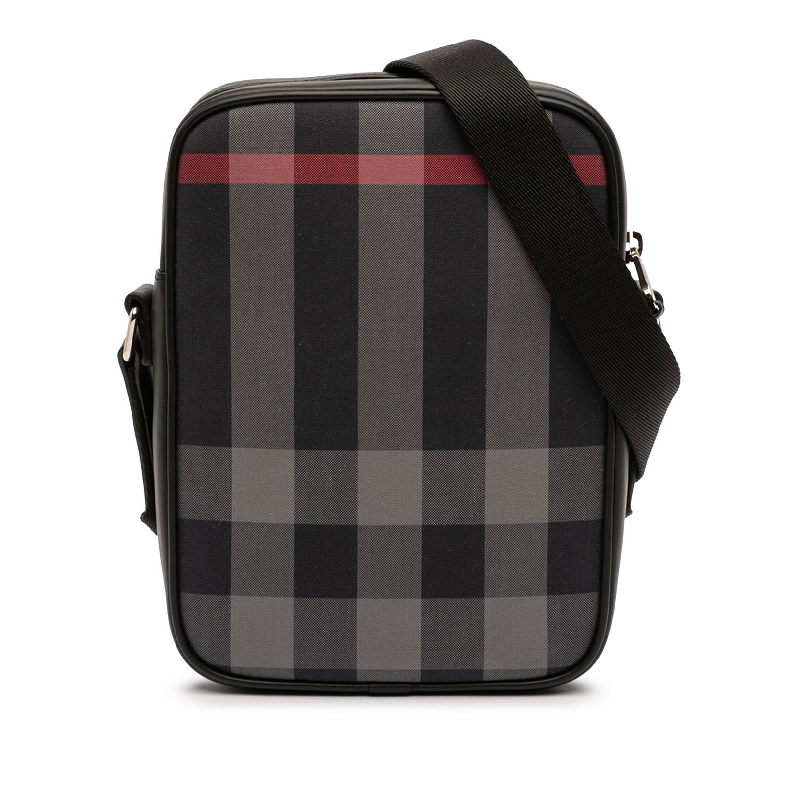 Burberry Blue Nylon Crossbody Bag with Giant Check Pattern: Burberry Blue Nylon Crossbody Bag with Giant Check Pattern This Burberry crossbody bag showcases the iconic Giant Check pattern on a nylon body with leather trim. It features an adjustable flap strap,