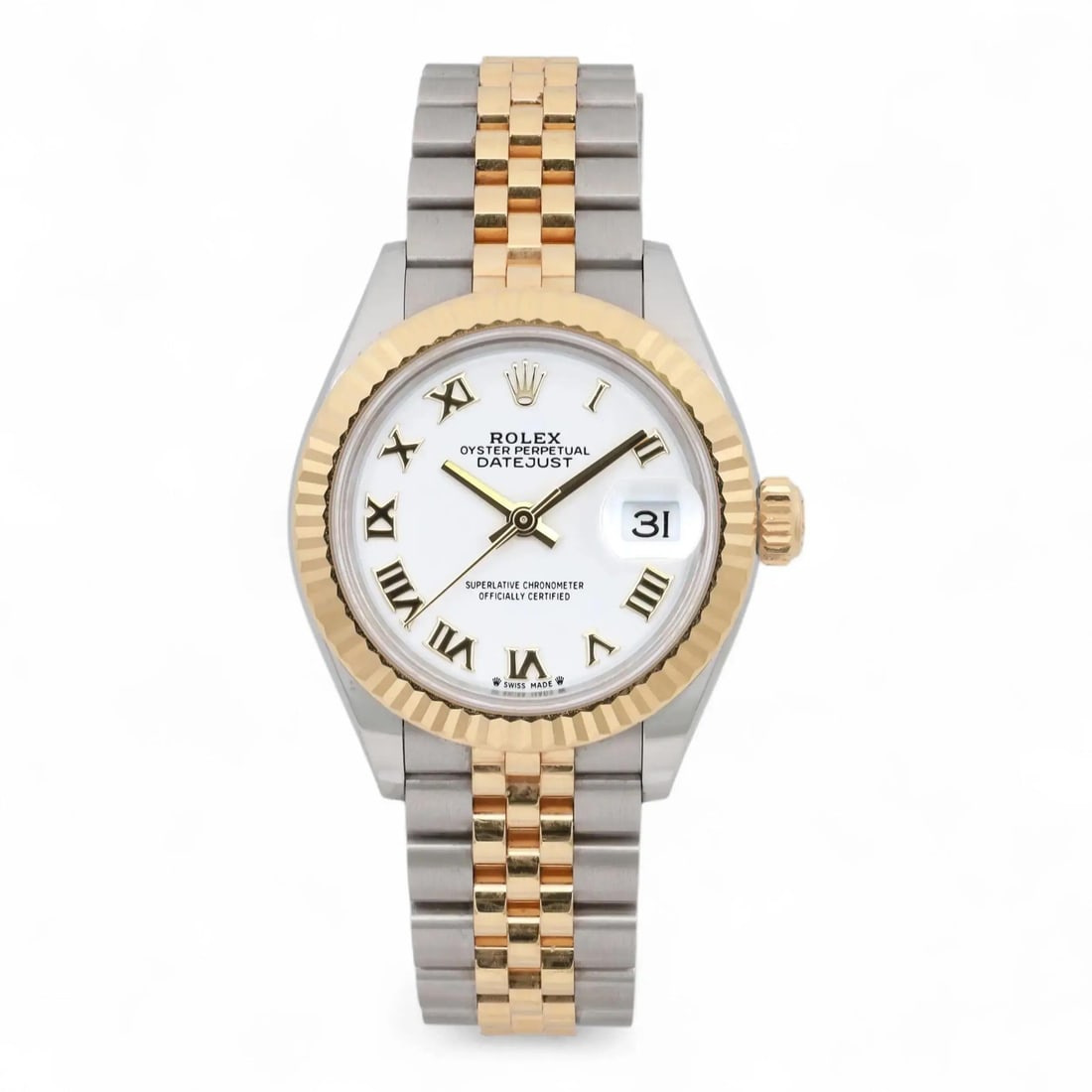 Rolex Datejust 28mm Ladies Watch 18K Yellow Gold Steel White Dial 279173: Rolex Datejust 28mm Ladies Watch 18K Yellow Gold Steel White Dial 279173 This exquisite Rolex Lady Datejust wristwatch is a perfect blend of elegance and luxury. Crafted in Switzerland, this model fea