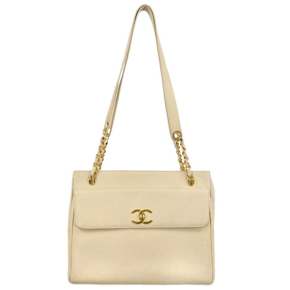 Chanel Caviar Leather Off-white Medium Tote Shoulder Bag: Chanel Caviar Leather Off-white Medium Tote Shoulder Bag This Chanel shoulder tote bag features off-white caviar skin leather with a medium-sized silhouette. It is designed with a magnetic closure and