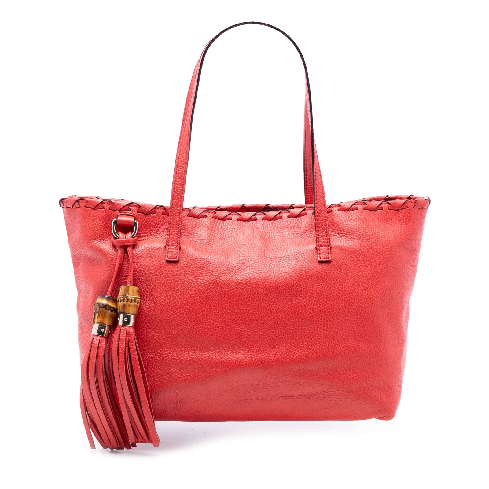 Gucci Bamboo Accent Red Leather Tote with Tassel Detail: Gucci Bamboo Accent Red Leather Tote with Tassel Detail This Gucci Leather Bamboo Tassel Tote features a red leather body, flat leather straps, and a decorative tassel with bamboo accents. The bag off