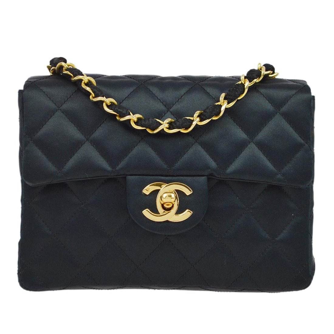 Chanel Black Satin Mini Classic Square Flap Bag with Chain Strap: Chanel Black Satin Mini Classic Square Flap Bag with Chain Strap Elevate your style with this Chanel Black Satin Mini Classic Square Flap Shoulder Bag. Crafted from luxurious satin, this small shoulde