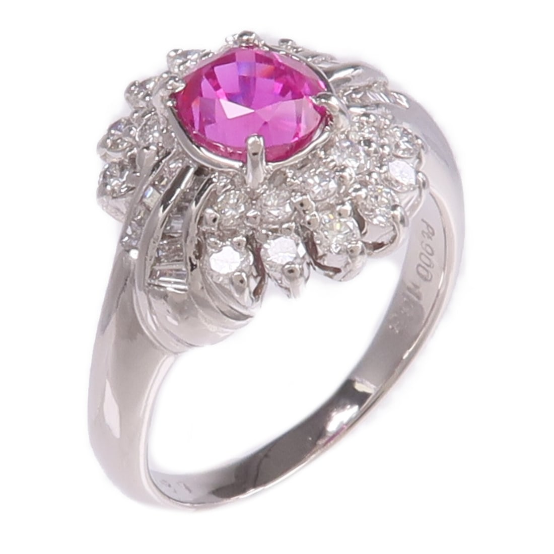 Sapphire and Diamond Women's Ring Pt900 Platinum Size 6.5: Sapphire and Diamond Women's Ring Pt900 Platinum Size 6.5 This women's ring features a pink sapphire as the main stone, set in high-purity Pt900 platinum. The ring is designed in a classic style and i