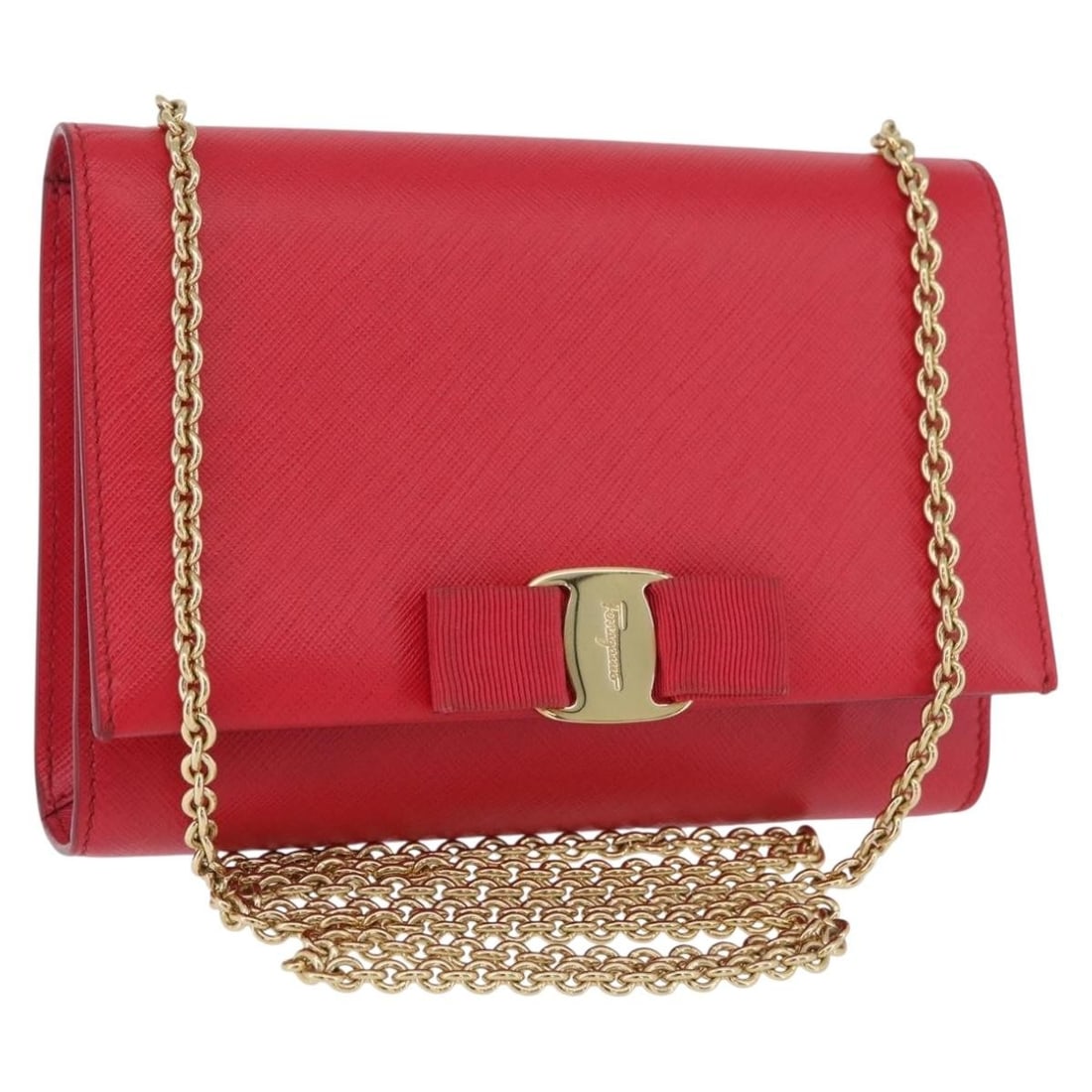 Vara Ribbon Shoulder Bag in Red Leather by Salvatore Ferragamo: Vara Ribbon Shoulder Bag in Red Leather by Salvatore Ferragamo This Salvatore Ferragamo Vara Ribbon chain shoulder bag is crafted from red leather with gold-tone accents. Designed for women, the bag f