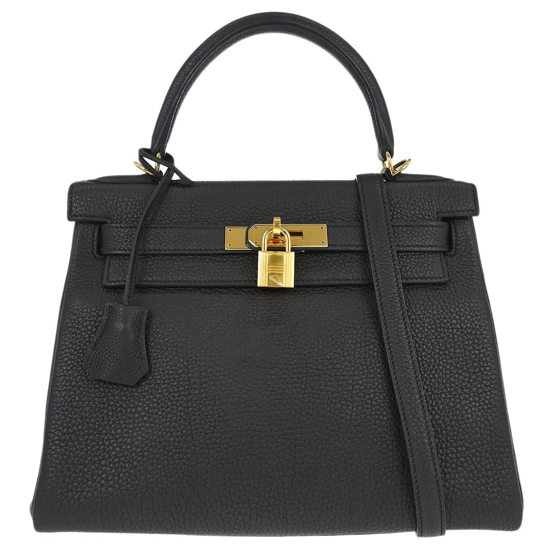 Hermes Kelly 28 Black Togo Leather Top Handle Bag: Hermes Kelly 28 Black Togo Leather Top Handle Bag This Hermes Kelly 28 Retourne 2-way handbag features a classic black Togo leather exterior with a medium-sized silhouette. It is designed with both a 