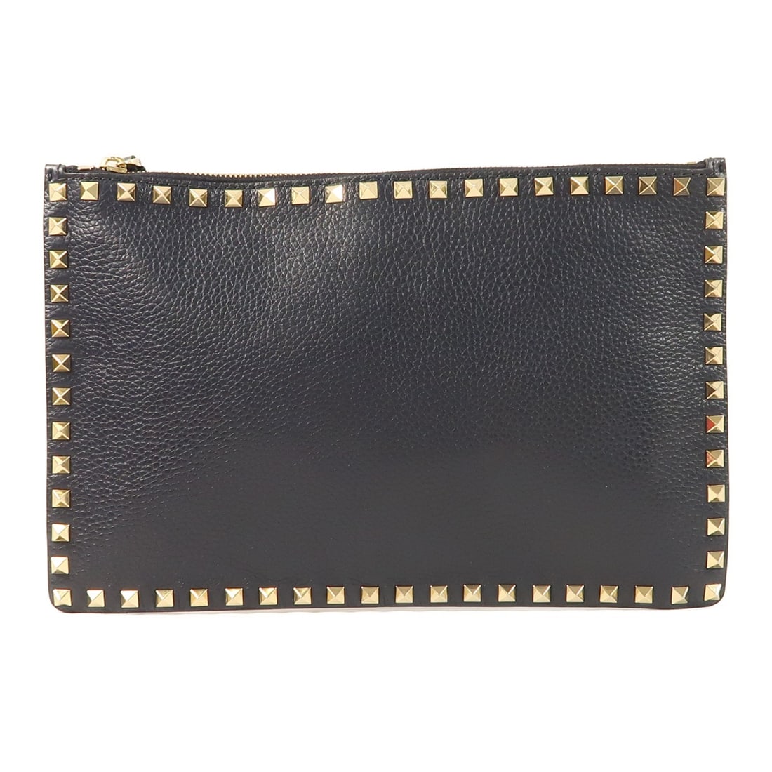 Valentino Garavani Navy Calfskin Rockstud Clutch with Gold Hardware: Valentino Garavani Navy Calfskin Rockstud Clutch with Gold Hardware This Valentino Garavani Rockstud clutch bag features navy calfskin leather and gold hardware. Designed with a sleek profile, it offe