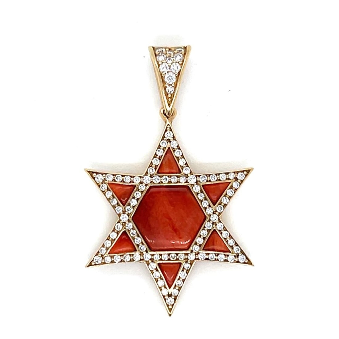 14K Gold Star of David Pendant with Diamonds by Kabana: 14K Gold Star of David Pendant with Diamonds by Kabana This Magen David pendant by Kabana is crafted from 14K yellow gold and set with 0.41 carats of diamonds in G-H color and VVS-VS clarity. The pend