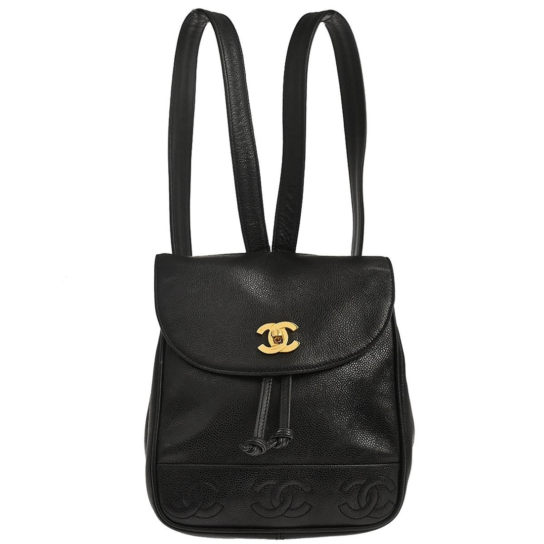 Black Caviar Leather Chanel Triple CC Medium Backpack with Turnlock Closure: Black Caviar Leather Chanel Triple CC Medium Backpack with Turnlock Closure This Chanel backpack features black caviar skin leather with a triple CC logo accent and a drawstring turnlock closure. The 