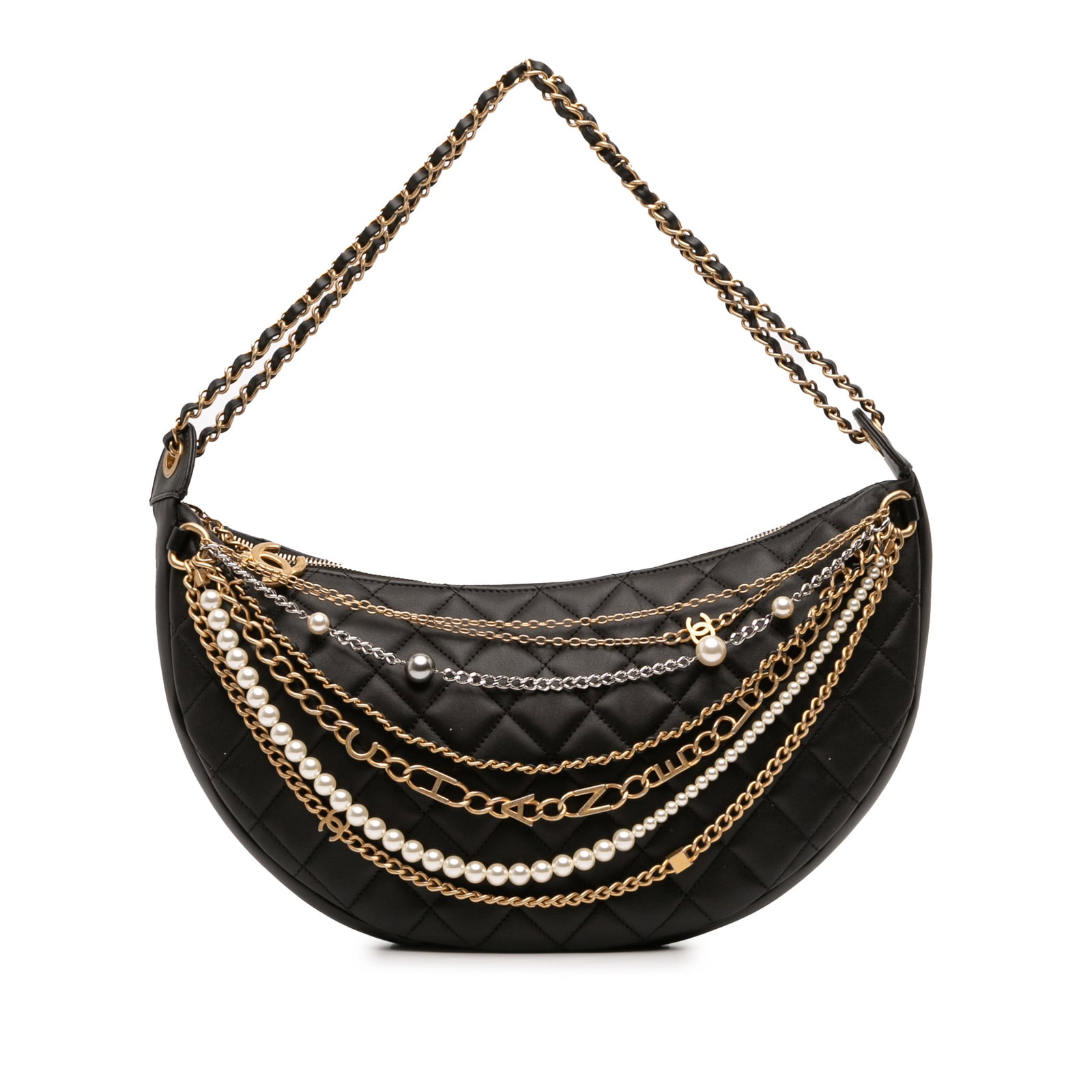 Chanel Black Quilted Lambskin All About Chains Hobo Bag: Chanel Black Quilted Lambskin All About Chains Hobo Bag Elevate your accessory collection with the Chanel Quilted Lambskin All About Chains Hobo. This stunning bag showcases a luxurious quilted lambsk
