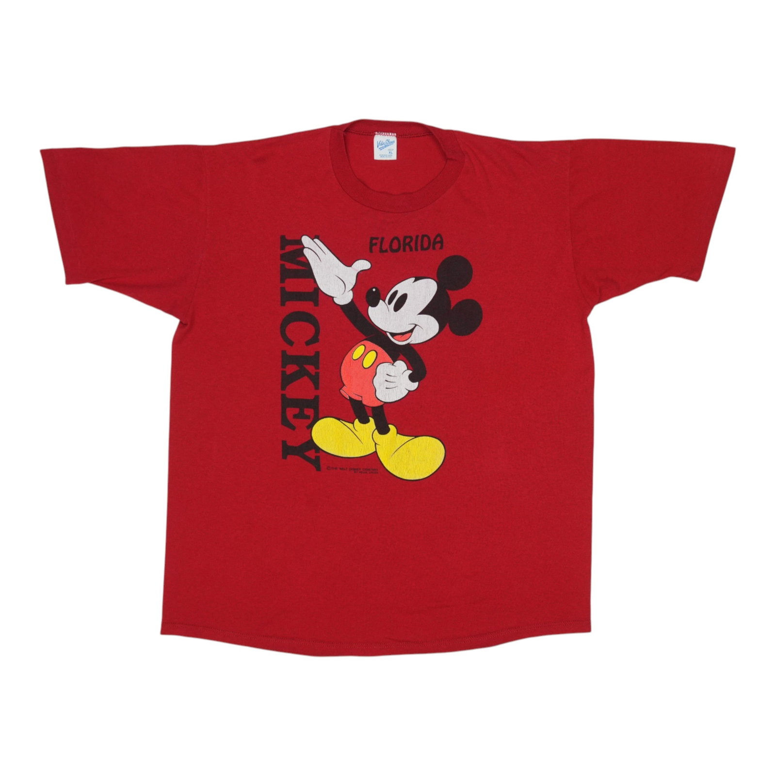 Vintage 1980s Mickey Mouse Florida Red Poly Cotton Shirt Extra Large: Vintage 1980s Mickey Mouse Florida Red Poly Cotton Shirt Extra Large This is an original vintage 1980s Disney Mickey Mouse Florida shirt, featuring both front and back graphics. The shirt is made from