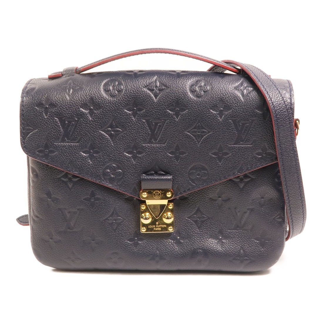 Louis Vuitton Pochette Metis Navy Calfskin Shoulder Bag with Gold Hardware: Louis Vuitton Pochette Metis Navy Calfskin Shoulder Bag with Gold Hardware This Louis Vuitton Pochette Metis 2-way shoulder bag features navy blue calfskin leather in the classic Monogram Empreinte de