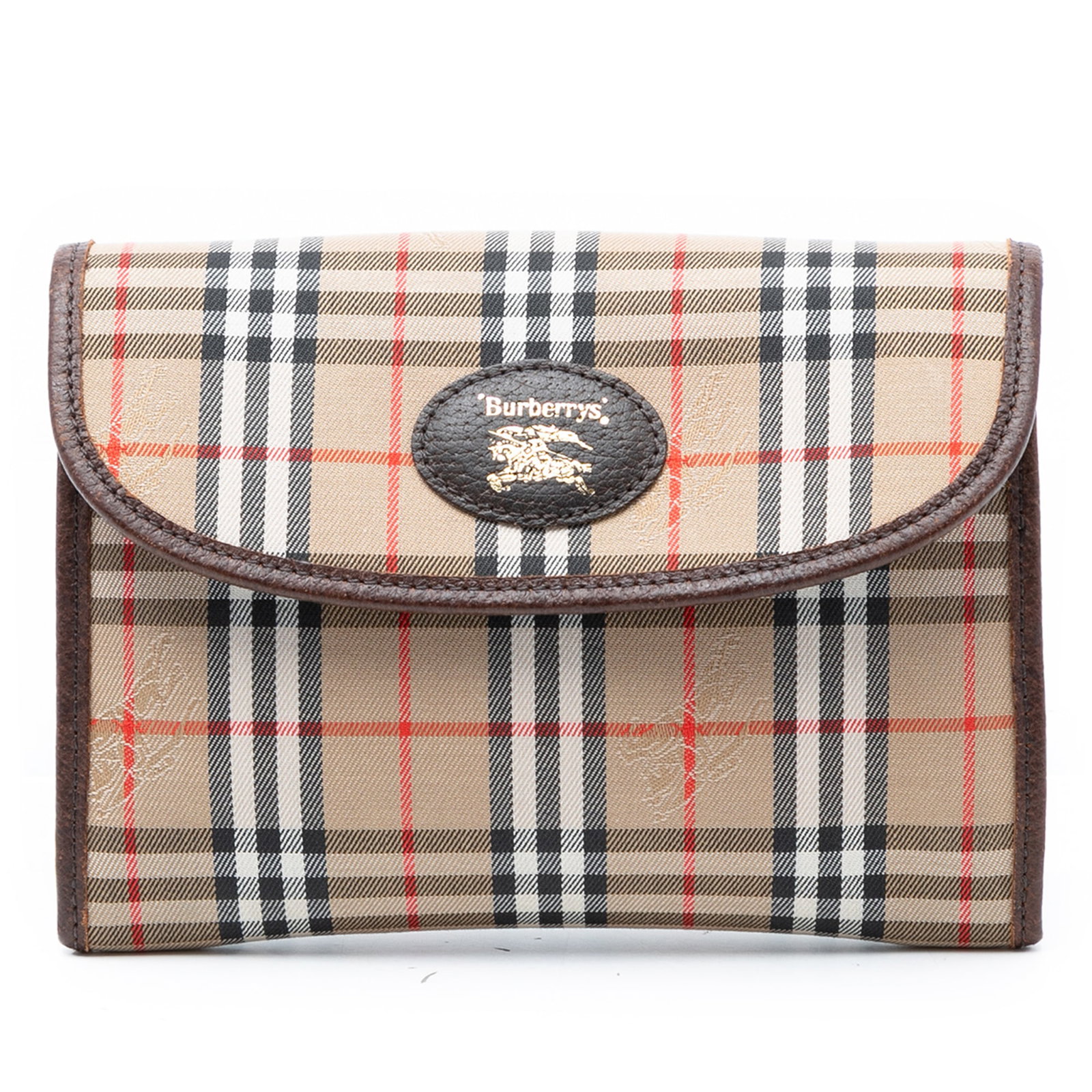 Plaid Canvas Clutch with Leather Trim by Burberry Haymarket: Plaid Canvas Clutch with Leather Trim by Burberry Haymarket This Burberry Haymarket Check Canvas Clutch features a classic plaid canvas body with leather trim. The design includes a front flap with sn