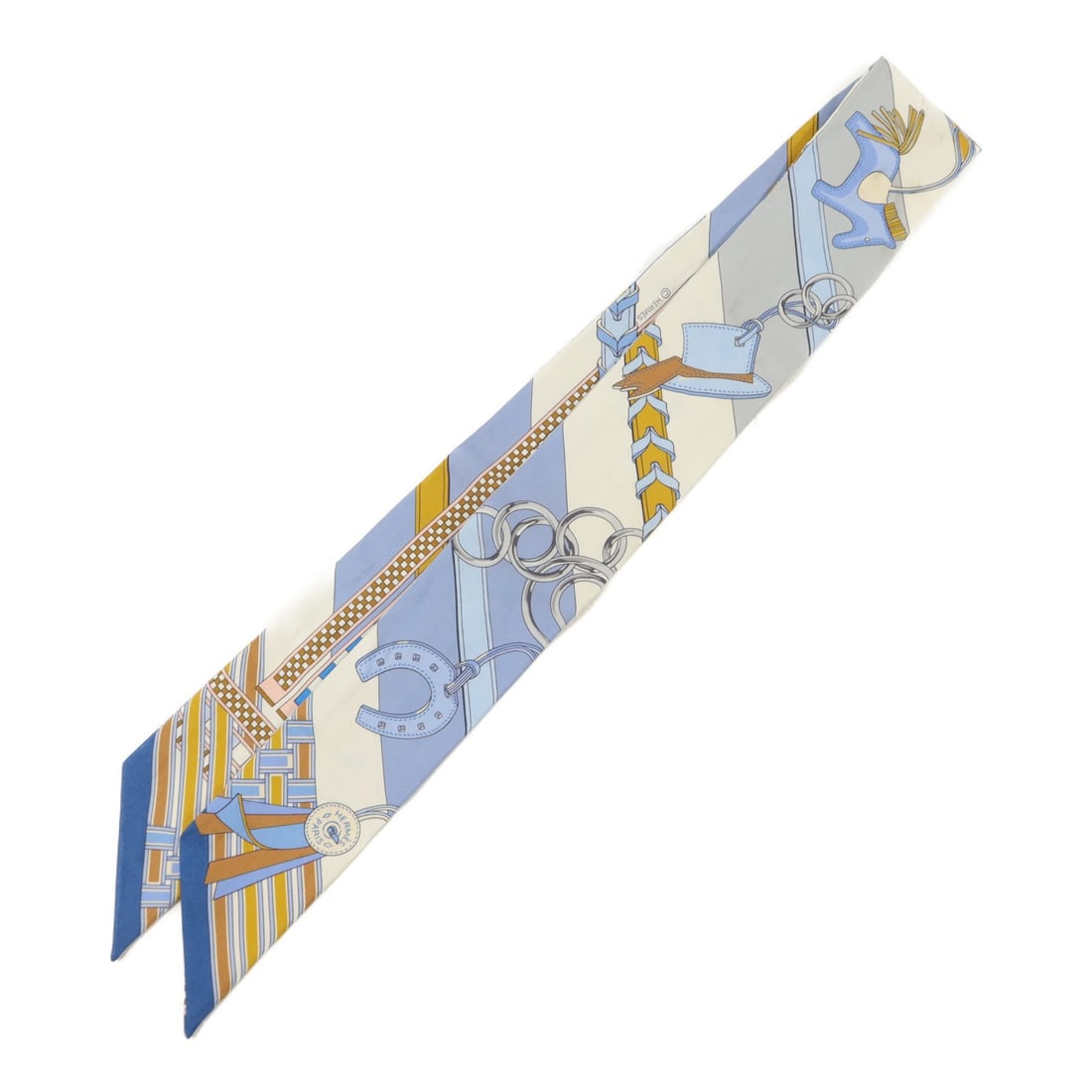 Hermes silk Twilly neck scarf blue gray white: Hermes silk Twilly neck scarf blue gray white This Hermes Twilly scarf is crafted from luxurious silk and features a blue, gray, and white color palette. Designed for women, it offers a sophisticated 