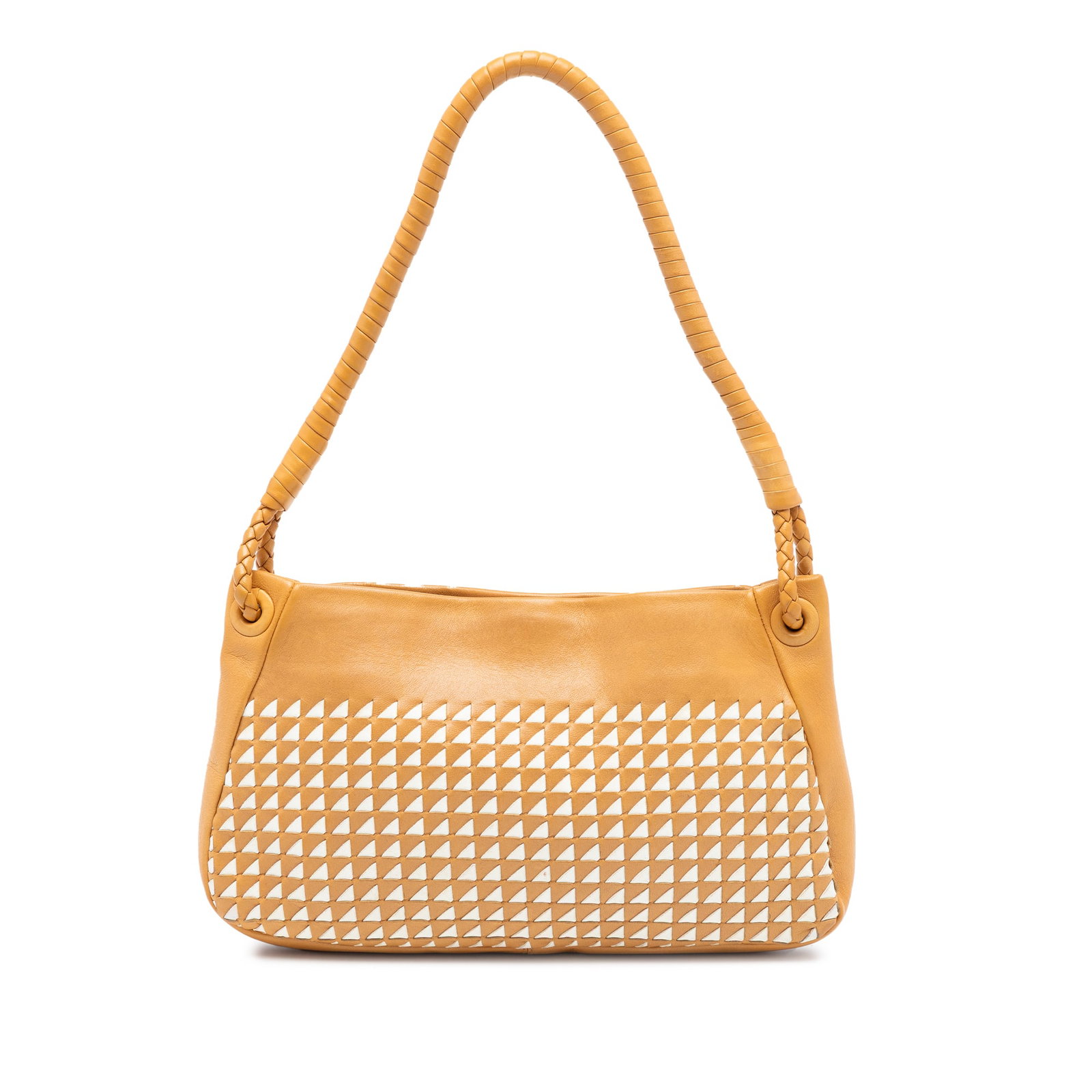 Bottega Veneta Brown Leather Woven Nappa Intrecciato Shoulder Bag: Bottega Veneta Brown Leather Woven Nappa Intrecciato Shoulder Bag This Bottega Veneta Nappa Intrecciato shoulder bag features a brown leather body with signature woven leather details, a rolled should