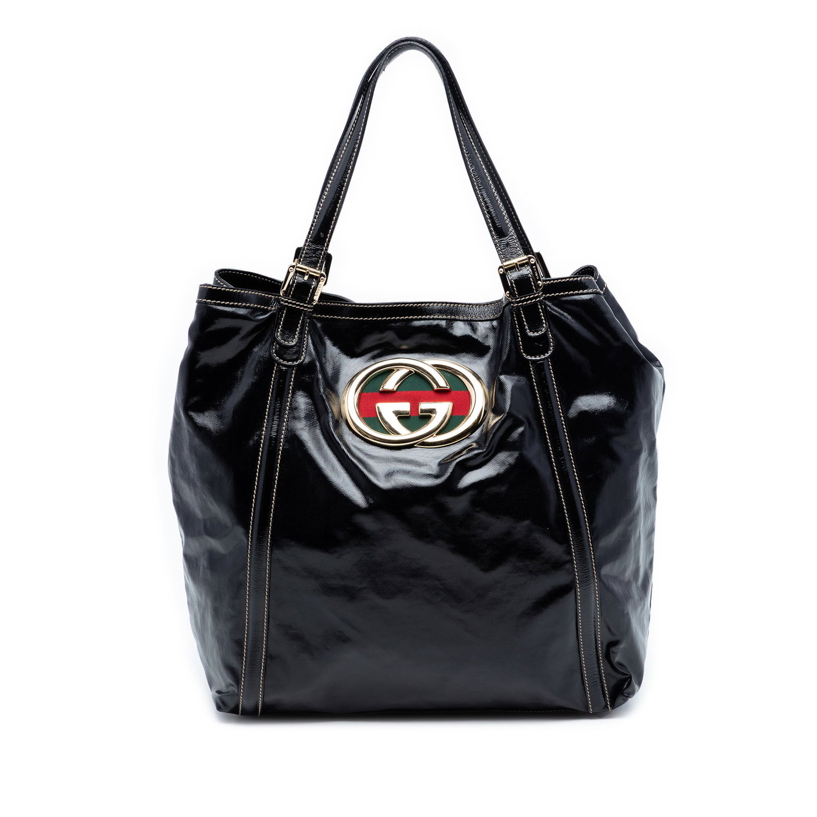 Gucci Britt Web Tote Black Patent Leather Dialux Handbag Italy: Gucci Britt Web Tote Black Patent Leather Dialux Handbag Italy This Gucci Patent Dialux Britt Web Tote features a patent leather body with signature web details, adjustable flat leather straps, an ope