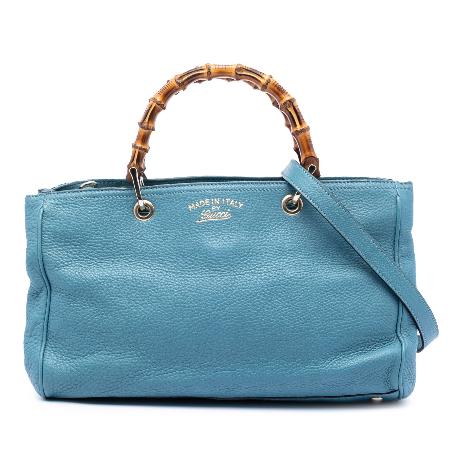 Gucci Bamboo Handle Medium Blue Leather Shoulder Satchel Bag: Gucci Bamboo Handle Medium Blue Leather Shoulder Satchel Bag This Gucci Medium Calfskin Bamboo Shopper Satchel features a blue leather body with distinctive bamboo top handles, a detachable flat leath