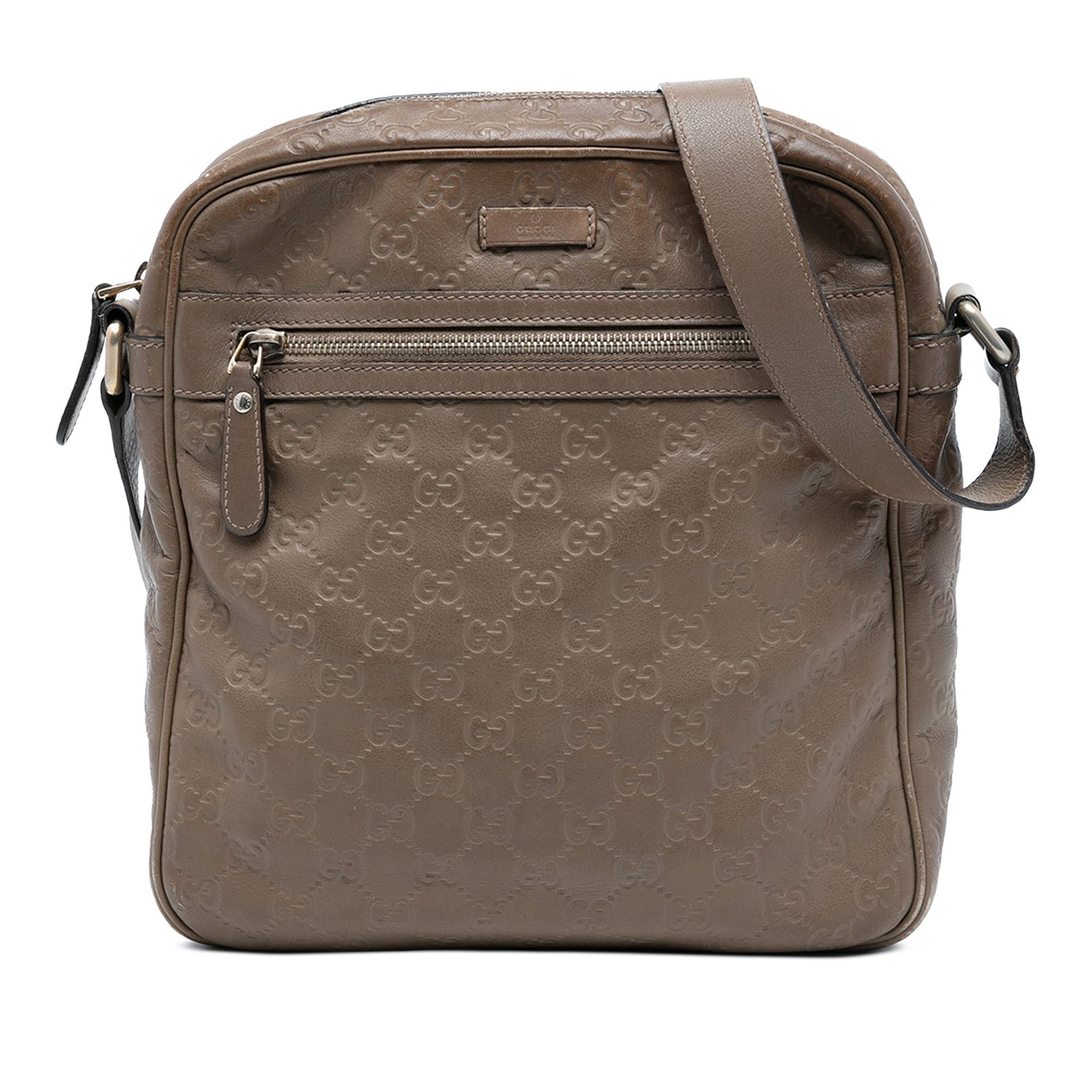Gucci Guccissima Brown Leather Adjustable Strap Crossbody Bag: Gucci Guccissima Brown Leather Adjustable Strap Crossbody Bag This brown leather crossbody bag features an adjustable flat leather strap, a top zip closure, an exterior front zip pocket, and interior 