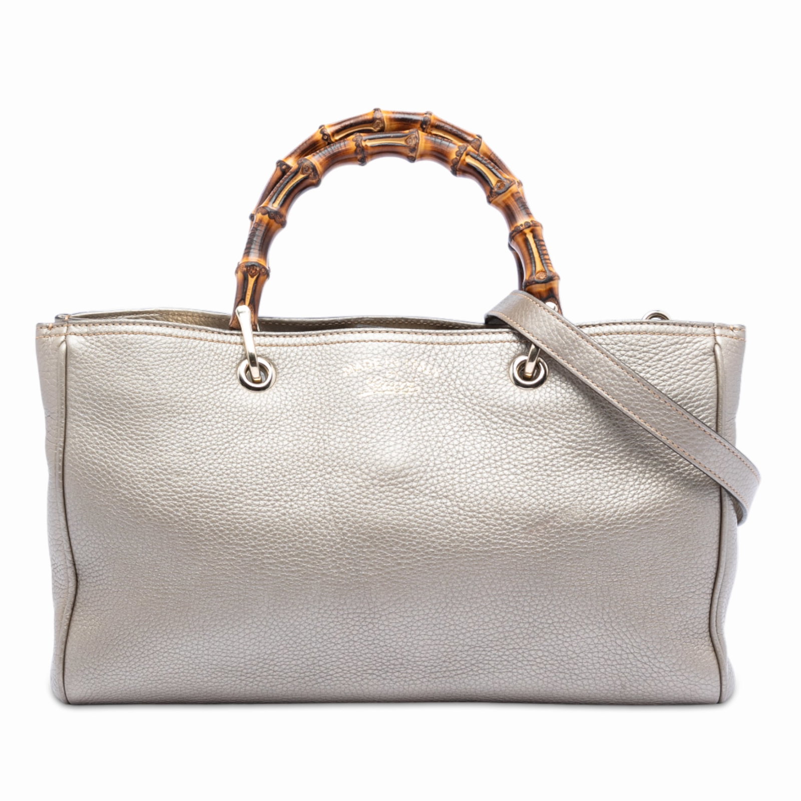 Gucci Medium Bamboo Shopper Leather Satchel with Detachable Strap: Gucci Medium Bamboo Shopper Leather Satchel with Detachable Strap This Gucci Medium Calfskin Bamboo Shopper Satchel features a leather body with distinctive bamboo top handles, a detachable leather sh