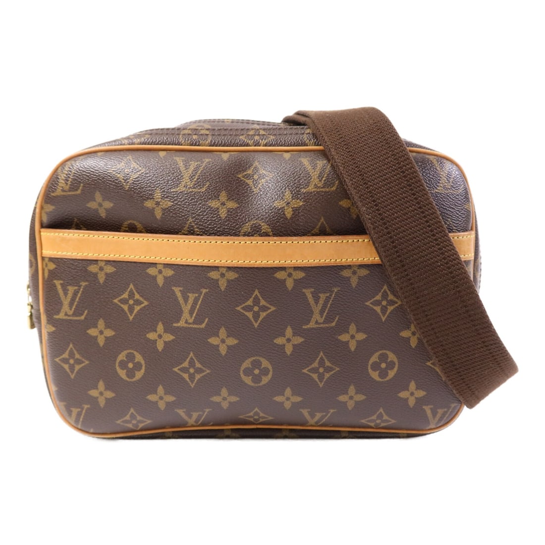 Louis Vuitton Reporter PM Monogram Shoulder Bag with Gold Hardware Brown: Louis Vuitton Reporter PM Monogram Shoulder Bag with Gold Hardware Brown This Louis Vuitton Reporter PM shoulder bag features the signature monogram pattern on brown PVC coated canvas. Designed for ve