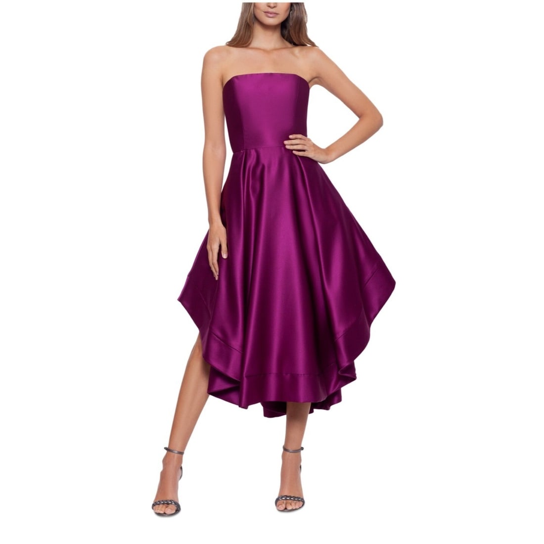 Betsy & Adam Magenta Pink Strapless High Low Gown Women's 6: Betsy & Adam Magenta Pink Strapless High Low Gown Women's 6 Elevate your wardrobe with this stunning strapless fit and flare gown by Betsy & Adam, showcased in a vibrant magenta pink. Perfect for occa
