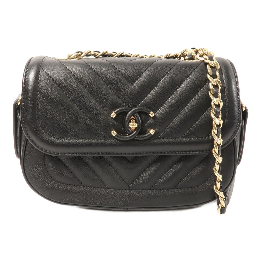 CHANEL Black Calfskin Shoulder Bag GHW Chain: CHANEL Black Calfskin Shoulder Bag GHW Chain This CHANEL shoulder bag features a sleek black calfskin leather exterior with gold-tone chain detailing. Designed for women, the bag offers a compact prof
