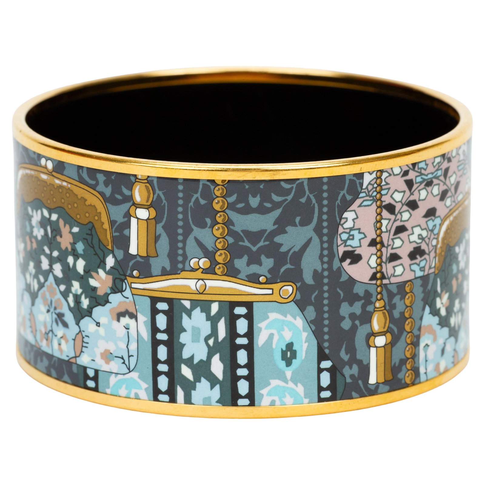 Hermes 2018 Colorful Enamel Bangle with Coin Purse Motifs Gold Tone Trim: Hermes 2018 Colorful Enamel Bangle with Coin Purse Motifs Gold Tone Trim This Hermes Extra Wide Enamel Bangle showcases a vibrant coin purse motif design accented by gold-tone edges. Crafted in France