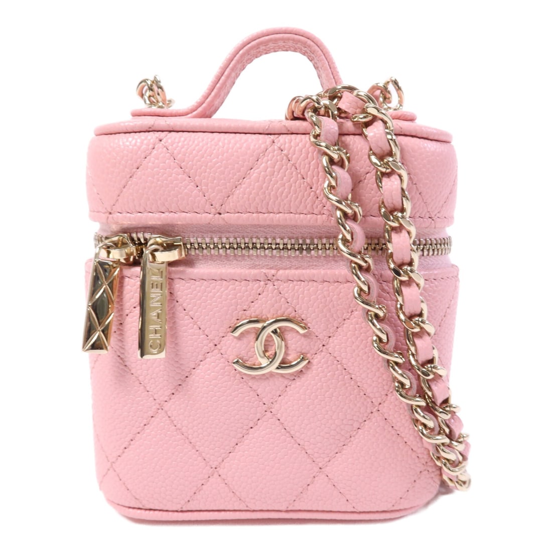 Chanel Mini Vanity Shoulder Bag Pink Calfskin CC Gold Hardware AP2503: Chanel Mini Vanity Shoulder Bag Pink Calfskin CC Gold Hardware AP2503 This CHANEL CC Mini Vanity Case Chain Shoulder Bag features a pink calfskin leather exterior and gold tone hardware. Designed as a