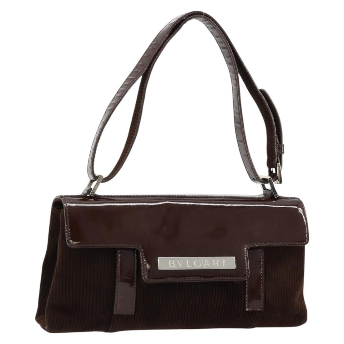 BVLGARI Brown Silver Corduroy Shoulder Bag Italy: BVLGARI Brown Silver Corduroy Shoulder Bag Italy This BVLGARI shoulder bag is crafted from brown corduroy with silver accents, offering a sophisticated and timeless look. Designed for women, it featur