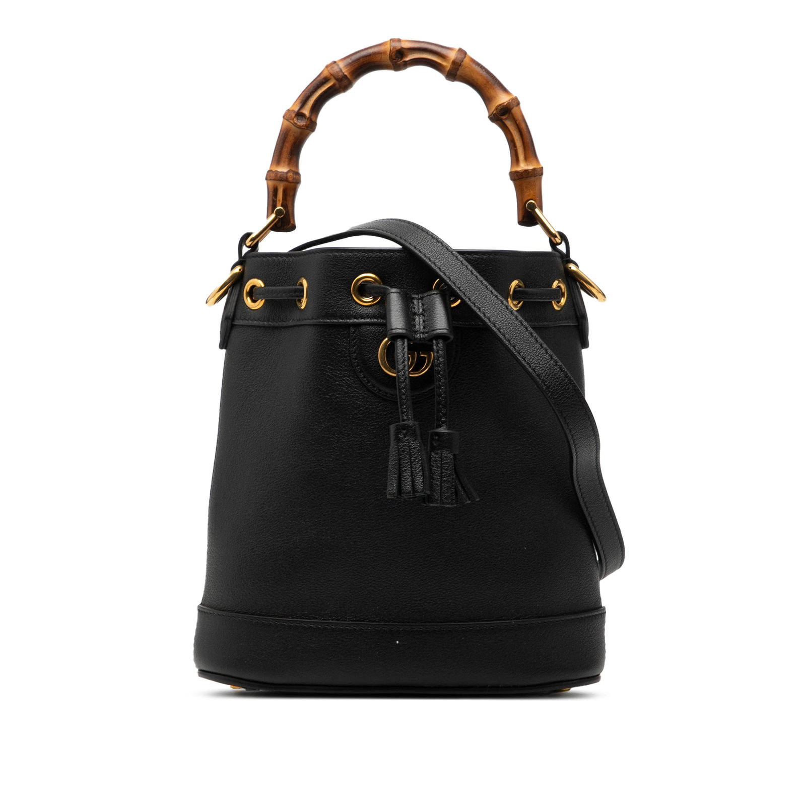 Gucci Diana Mini Leather Bucket Bag with Bamboo Handle: Gucci Diana Mini Leather Bucket Bag with Bamboo Handle This Gucci Mini Calfskin Bamboo Diana Bucket Bag features a black leather body with a bamboo top handle and a detachable flat leather shoulder st