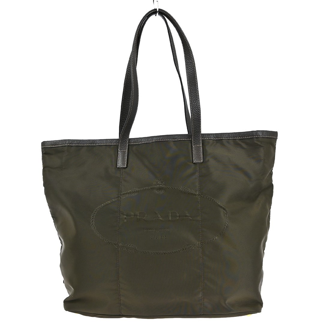 Prada Large Brown Nylon Tote Bag with Logo Accent: Prada Large Brown Nylon Tote Bag with Logo Accent This Prada tote handbag features a brown nylon exterior with a canvas lining, designed for casual occasions. The bag showcases the Prada logo accent a