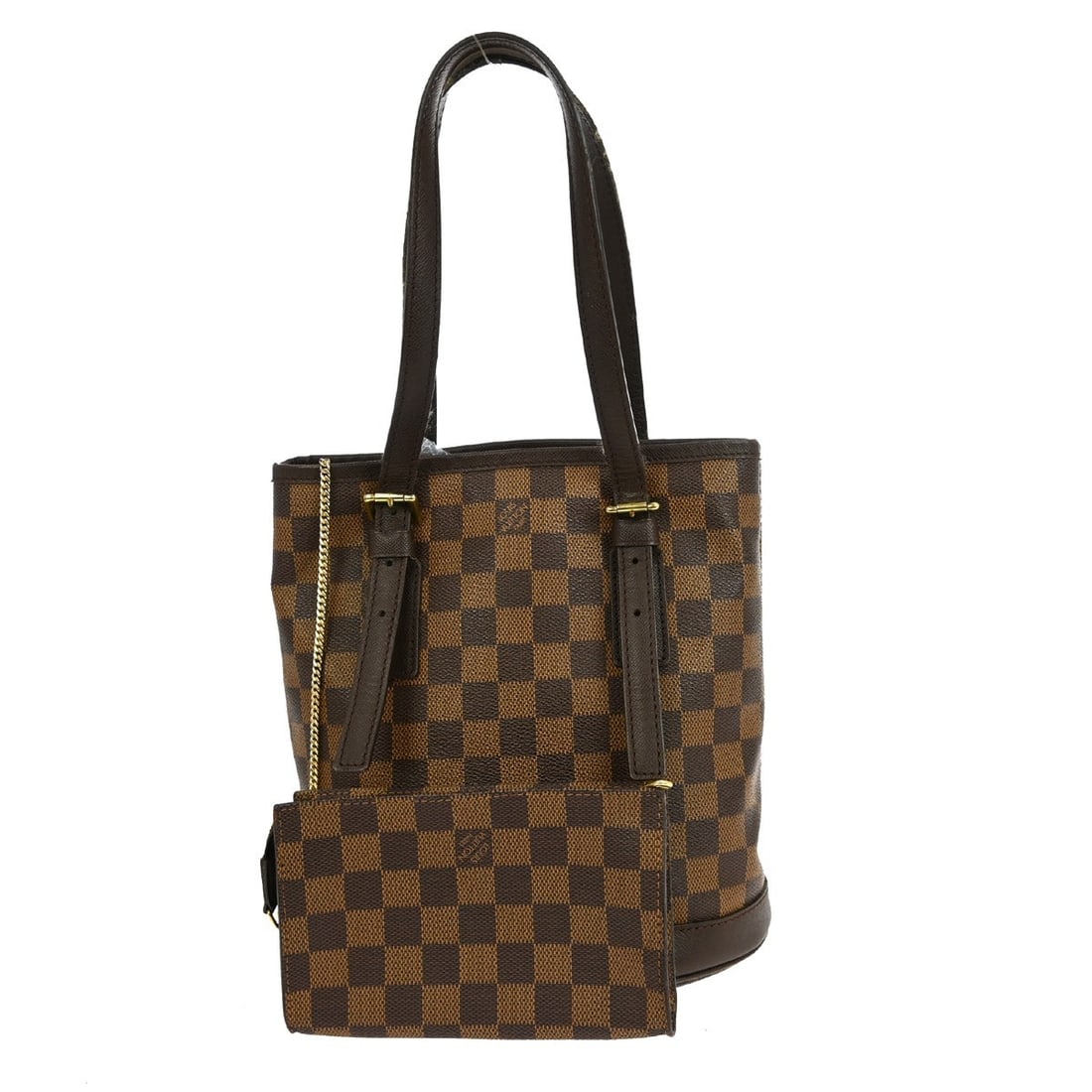Louis Vuitton Damier Canvas Marais Bucket Shoulder Bag Brown: Louis Vuitton Damier Canvas Marais Bucket Shoulder Bag Brown This Louis Vuitton Marais Bucket Bag features the iconic Damier canvas in a brown colorway. Designed for women, it offers a spacious interi