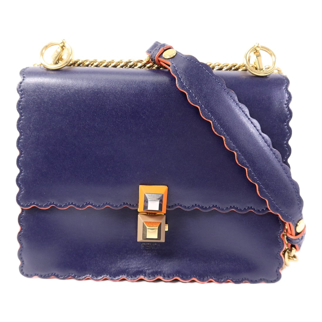 FENDI Kan I Small Navy Calfskin Shoulder Bag GHW: FENDI Kan I Small Navy Calfskin Shoulder Bag GHW This FENDI Kan I Small Chain Shoulder Bag is crafted from navy calfskin leather and features a gold-tone chain shoulder strap. Designed for women, it o