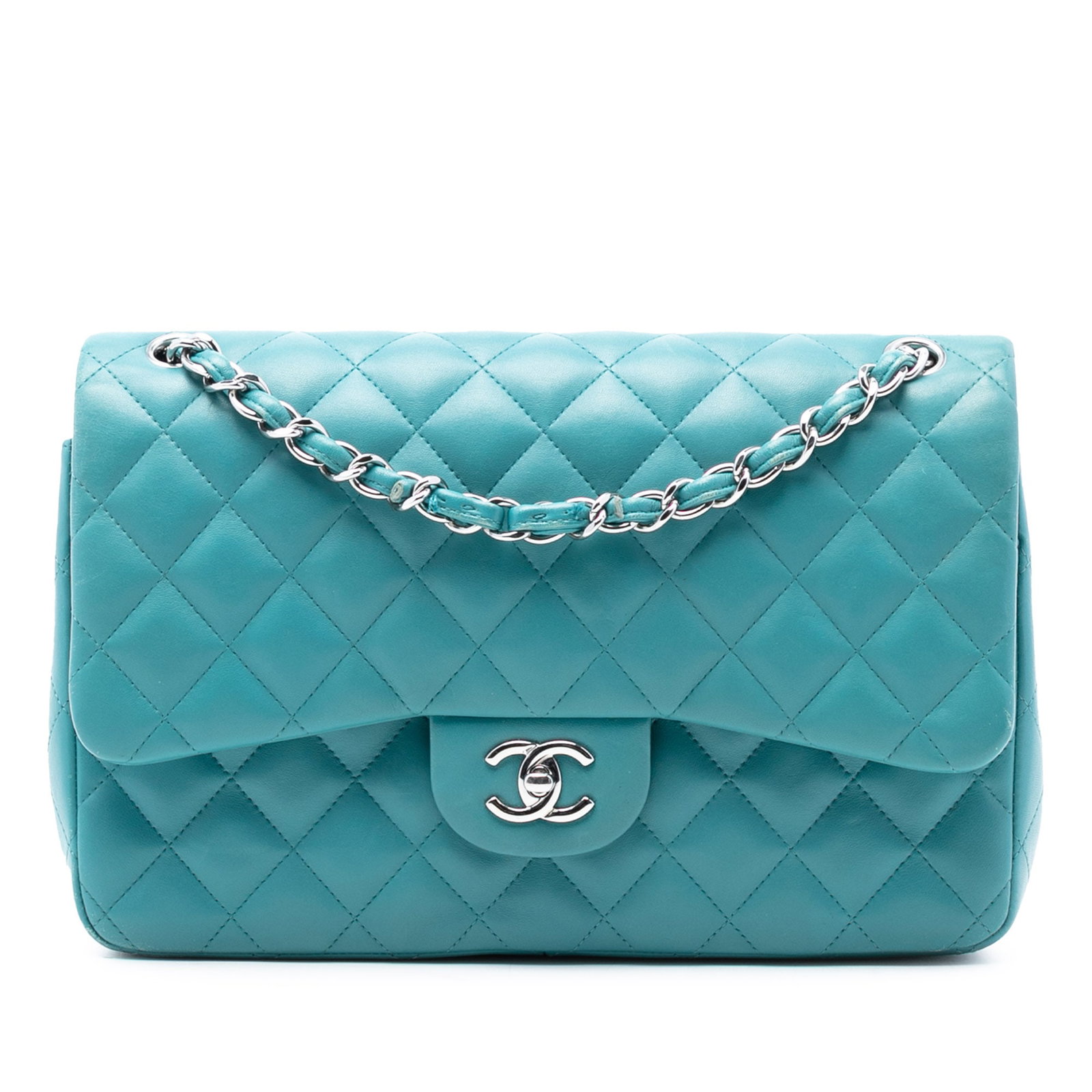 Blue Chanel Jumbo Classic Lambskin Double Flap Shoulder Bag: Blue Chanel Jumbo Classic Lambskin Double Flap Shoulder Bag This Chanel Jumbo Classic Lambskin Double Flap shoulder bag features a quilted lambskin leather body in blue, a leather-woven chain strap, d