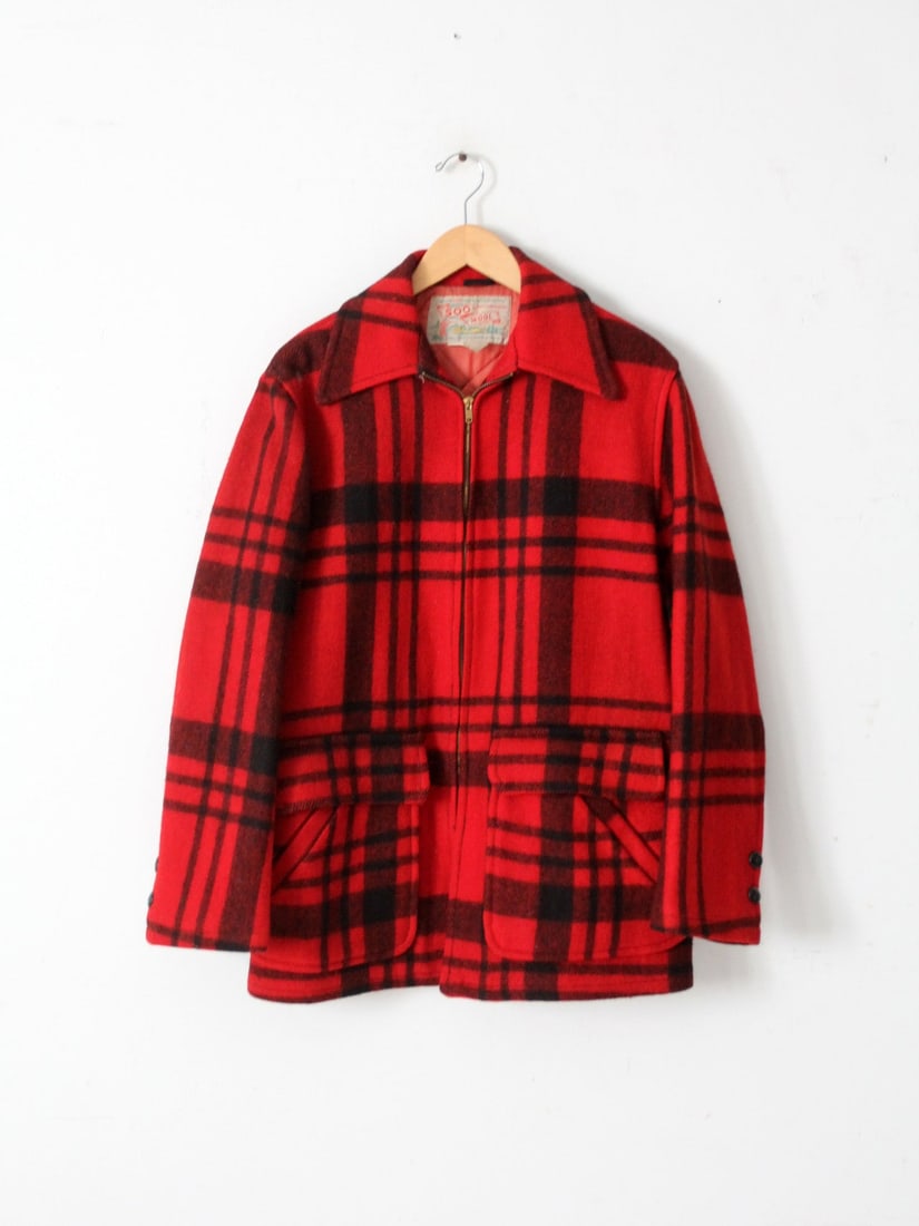 1950s Soo Wool Mackinaw Vintage Hunting Coat Red Black Plaid: 1950s Soo Wool Mackinaw Vintage Hunting Coat Red Black Plaid Discover this authentic 1950's Mackinaw hunting coat from Soo Woolen Mills, featuring a striking red color with a classic black stripe patt