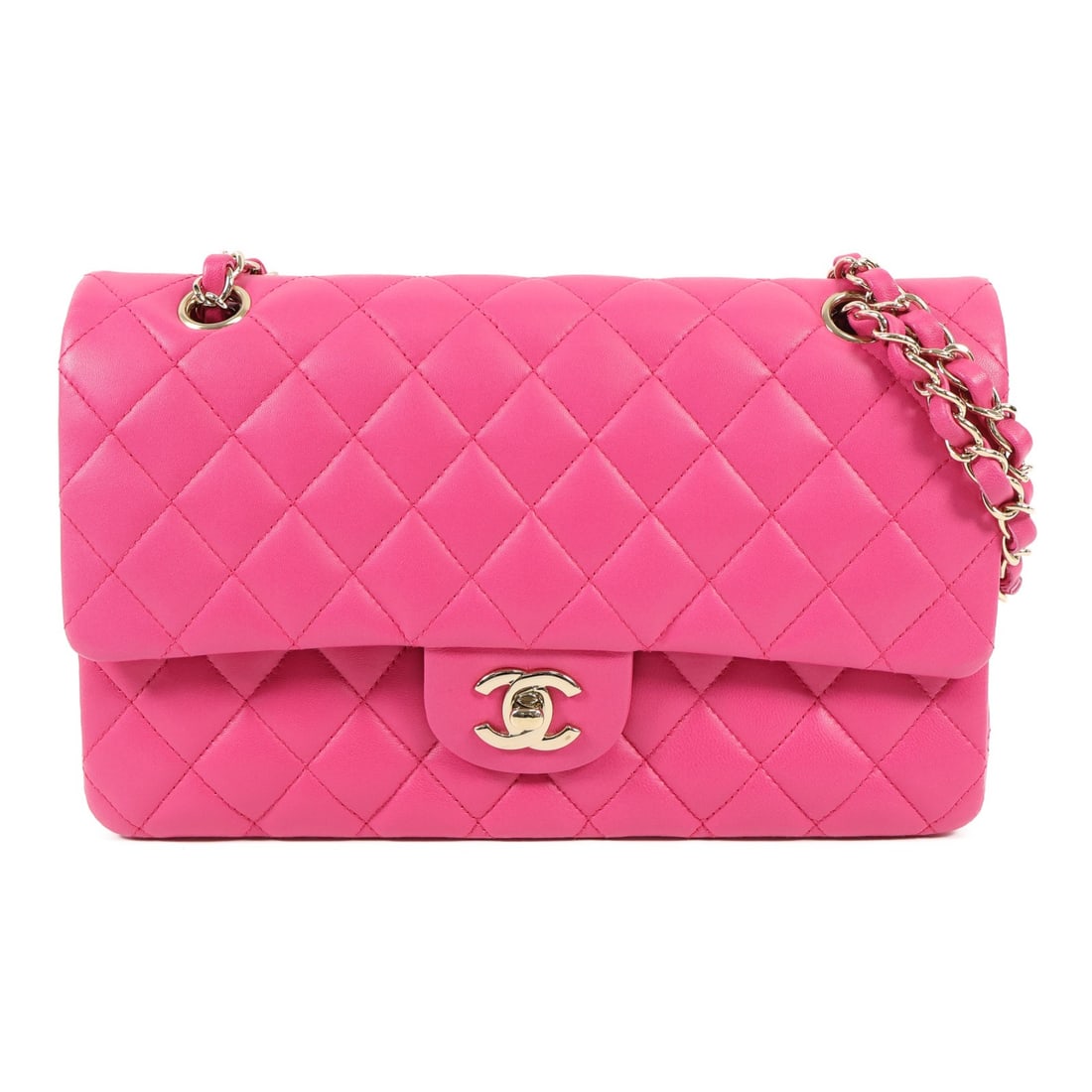 CHANEL Classic 25 Shoulder Bag A01112 Pink Lambskin Leather: CHANEL Classic 25 Shoulder Bag A01112 Pink Lambskin Leather This CHANEL Classic 25 Shoulder Bag is a stunning accessory made from luxurious lambskin leather in a soft pink hue. Measuring 10.0 inches i