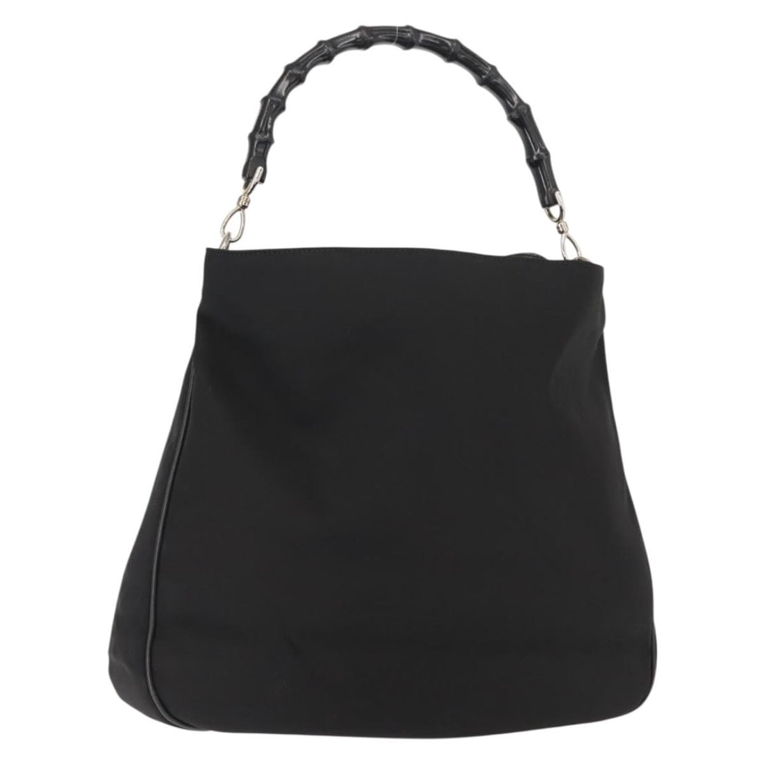 Gucci Black Nylon Hobo Bag with Vintage Bamboo Handle: Gucci Black Nylon Hobo Bag with Vintage Bamboo Handle This pre-owned Gucci Vintage Bamboo Handle Open Hobo handbag for women features a black nylon body with bamboo handle accents. It offers a spaciou