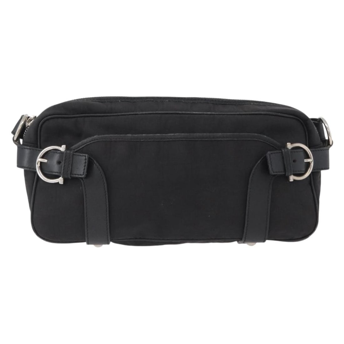Gancini Black Canvas Shoulder Purse by Salvatore Ferragamo: Gancini Black Canvas Shoulder Purse by Salvatore Ferragamo This Salvatore Ferragamo Gancini shoulder bag is crafted from black canvas and designed for women. The bag features the signature Gancini mot