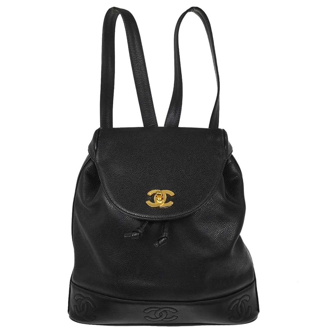CHANEL Caviar Black Leather Drawstring Backpack: CHANEL Caviar Black Leather Drawstring Backpack This Chanel backpack features black caviar skin leather with a triple CC turnlock accent and drawstring closure. The medium-sized bag is lined with leat