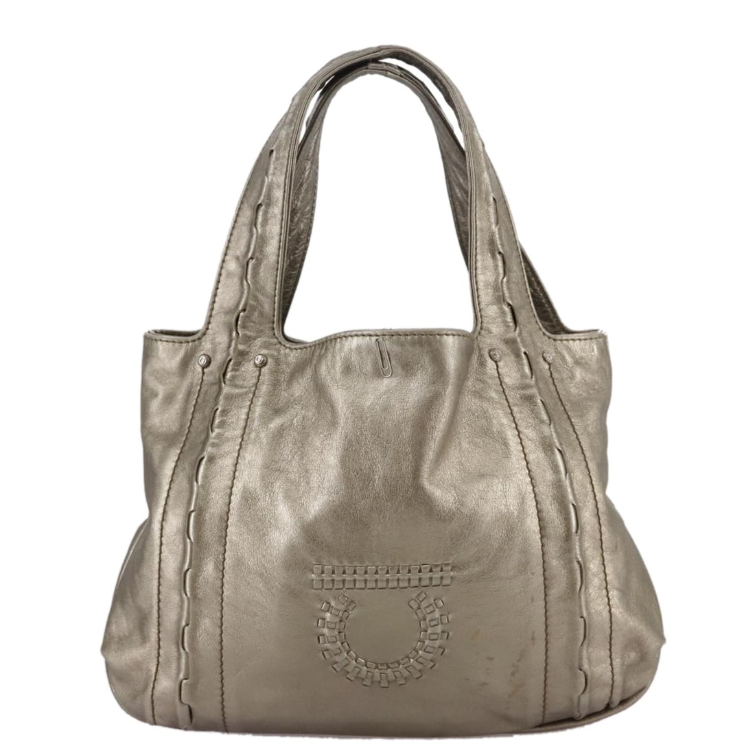 Gancini Leather Shoulder Bag by Salvatore Ferragamo Gold Tone: Gancini Leather Shoulder Bag by Salvatore Ferragamo Gold Tone This Salvatore Ferragamo Gancini handbag is crafted from leather in a gold color. Designed for women, it features the iconic Gancini motif