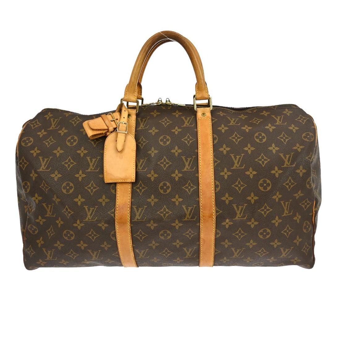 Louis Vuitton Keepall Monogram Brown Canvas Travel Bag 50cm: Louis Vuitton Keepall Monogram Brown Canvas Travel Bag 50cm The Louis Vuitton Keepall Bag features the iconic Monogram canvas in brown, designed for unisex use. This bag shows signs of use, including 