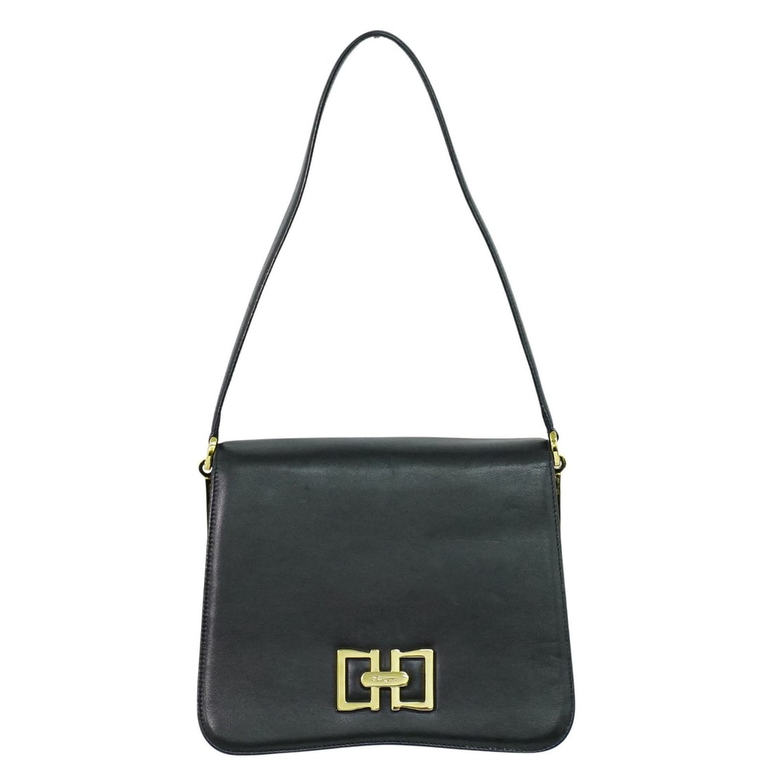 Black Leather Vintage Shoulder Purse by Salvatore Ferragamo: Black Leather Vintage Shoulder Purse by Salvatore Ferragamo This Salvatore Ferragamo vintage shoulder bag is crafted from black leather and designed for women. Made in Italy, it features a classic sil