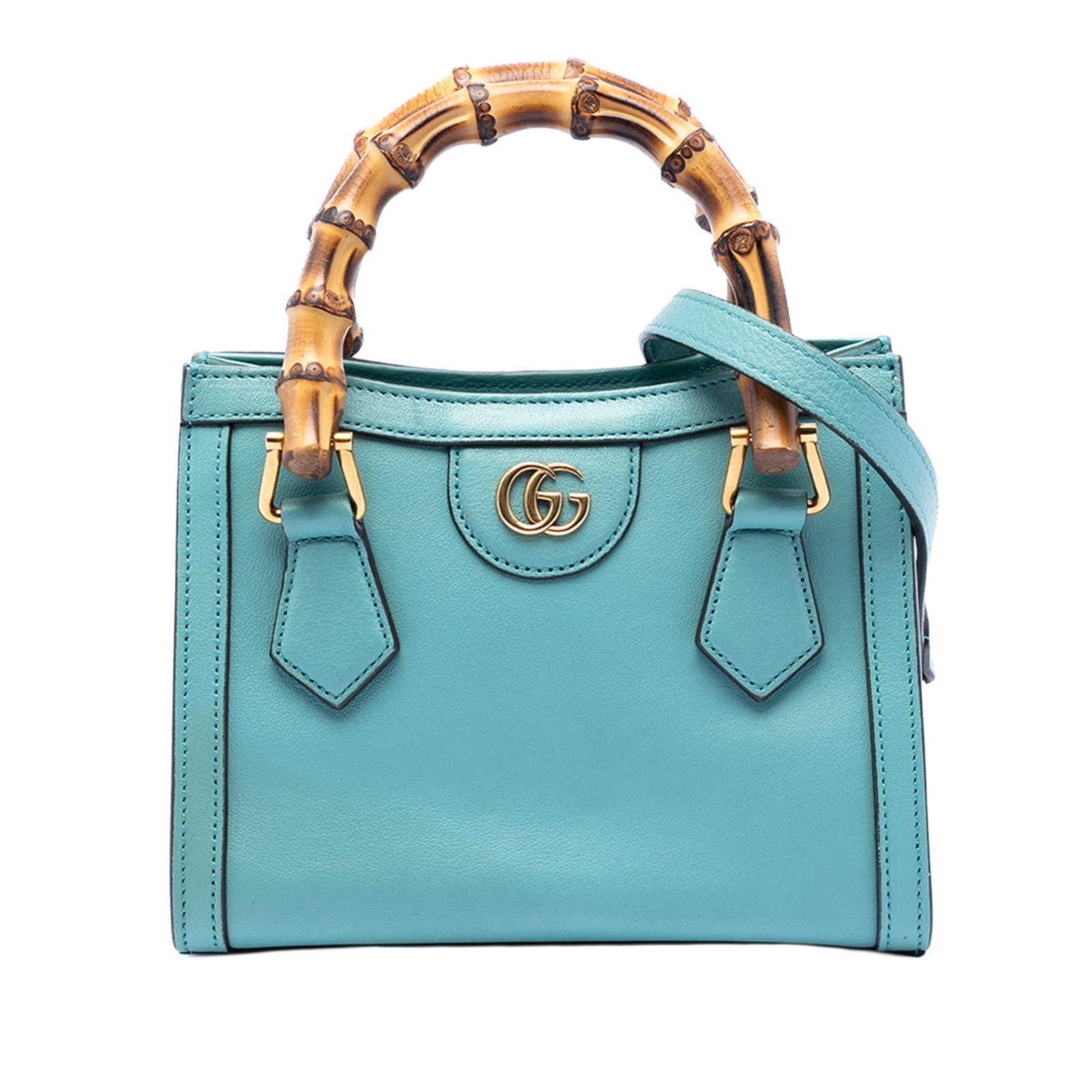 Blue Gucci Bamboo Diana Mini Satchel Leather Bag with Shoulder Strap: Blue Gucci Bamboo Diana Mini Satchel Leather Bag with Shoulder Strap This Gucci Mini Calfskin Bamboo Diana Satchel showcases a blue leather body, distinctive bamboo handles, and a detachable flat leat